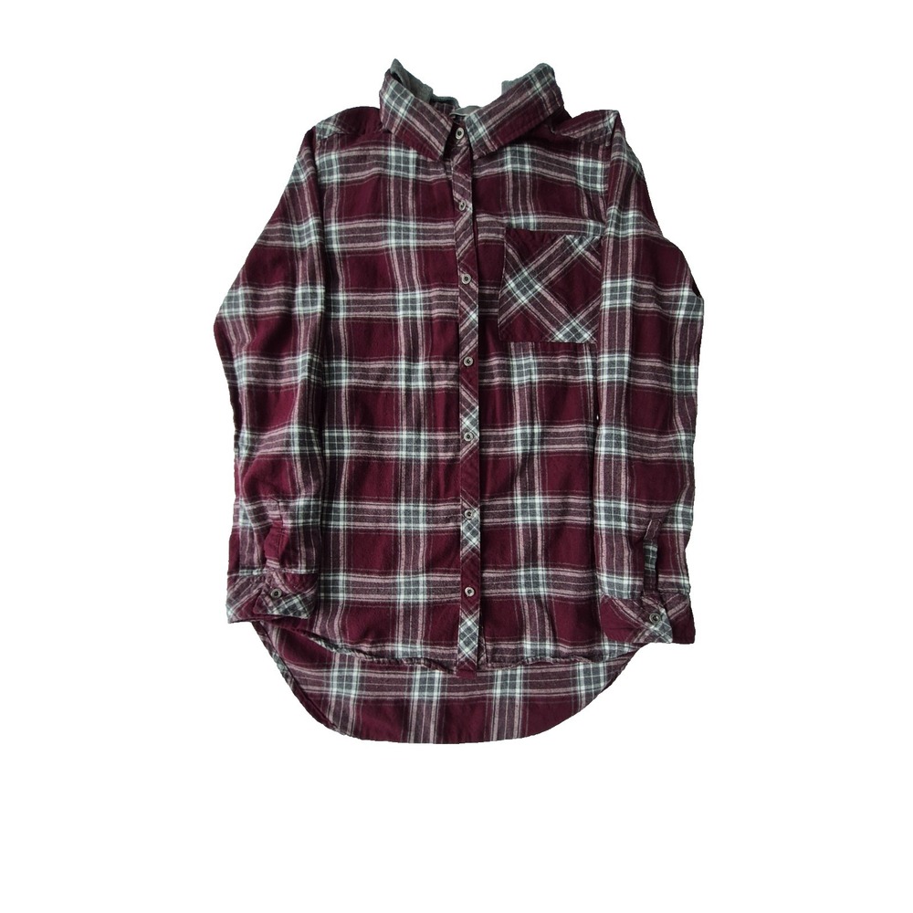 Be Cool Hooded Plaid Flannel Shirt Womens Small Burgundy Gray Button Up Cotton